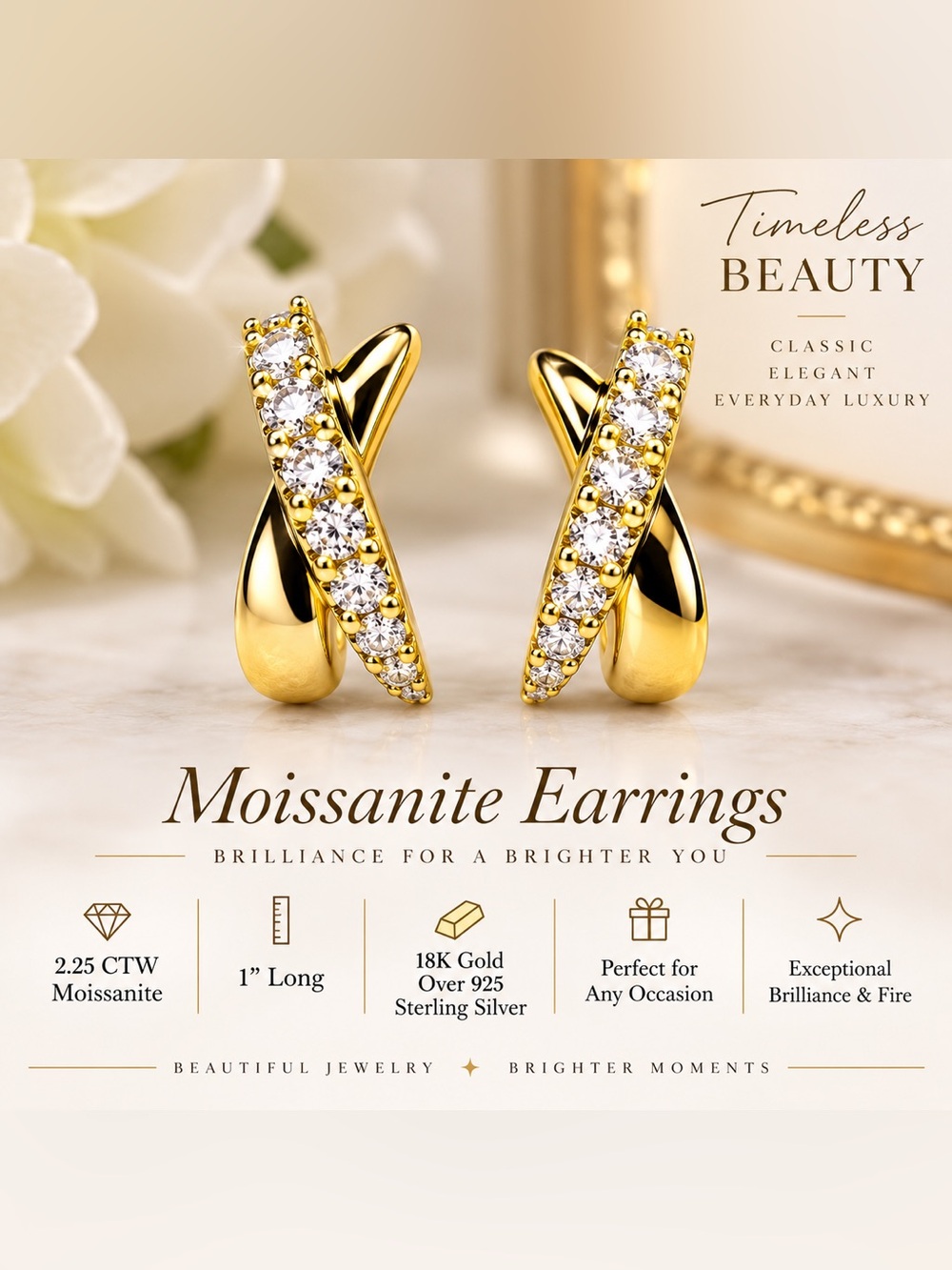 Timeless 18K Gold Moissanite Crossover Earrings 2.25 c.t.w